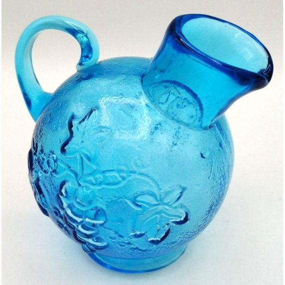 Vintage Glass Pitcher Kanawha Blue Grape Leaf Design, Charming Piece 4 Inch - Picture 1 of 12